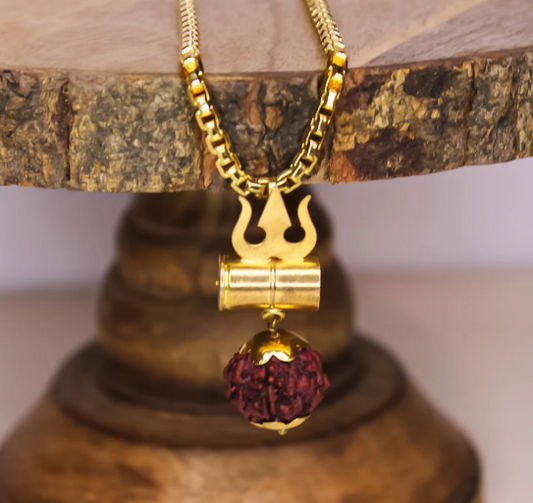 Gold plated Rudraksha Shiva Damru trishul Necklace - Shivashakti